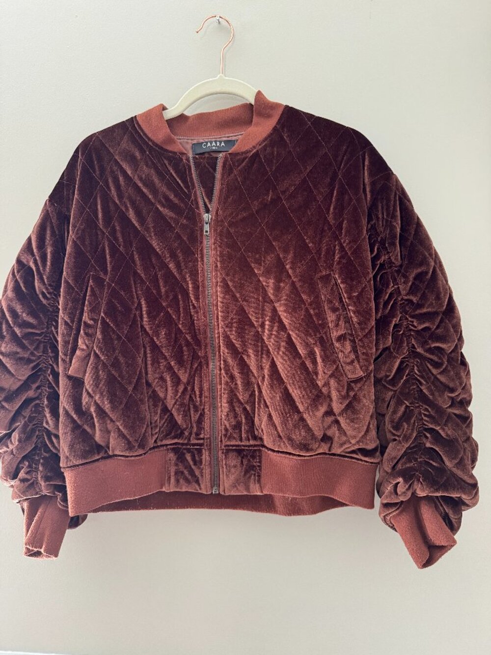 CAARA Brown Quilted Velvet Moto Jacket Size XS